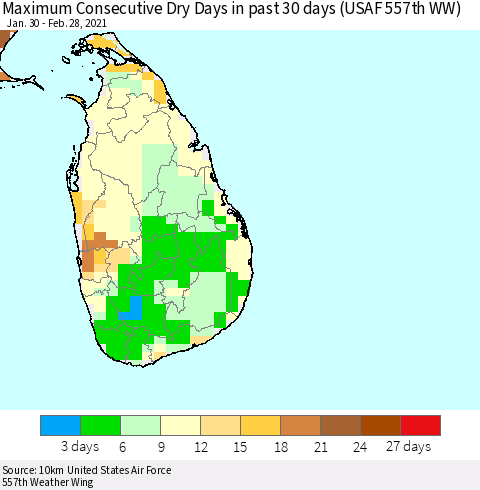 Sri Lanka Maximum Consecutive Dry Days in past 30 days (USAF 557th WW) 02/28/2021 Thematic Map For 2/26/2021 - 2/28/2021