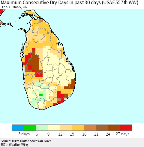 Sri Lanka Maximum Consecutive Dry Days in past 30 days (USAF 557th WW) 03/05/2021 Thematic Map For 3/1/2021 - 3/5/2021