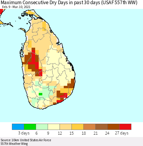 Sri Lanka Maximum Consecutive Dry Days in past 30 days (USAF 557th WW) 03/10/2021 Thematic Map For 3/6/2021 - 3/10/2021