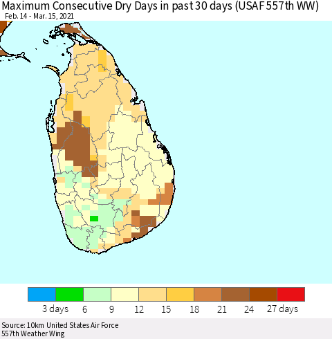Sri Lanka Maximum Consecutive Dry Days in past 30 days (USAF 557th WW) 03/15/2021 Thematic Map For 3/11/2021 - 3/15/2021