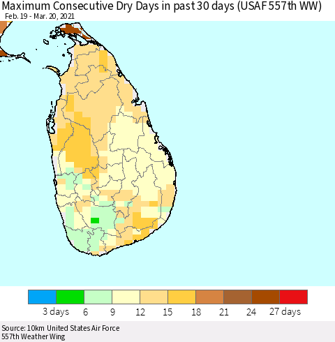 Sri Lanka Maximum Consecutive Dry Days in past 30 days (USAF 557th WW) 03/20/2021 Thematic Map For 3/16/2021 - 3/20/2021