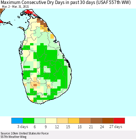 Sri Lanka Maximum Consecutive Dry Days in past 30 days (USAF 557th WW) 03/31/2021 Thematic Map For 3/26/2021 - 3/31/2021