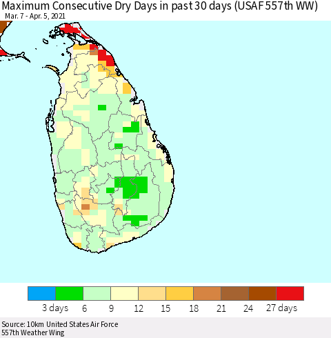 Sri Lanka Maximum Consecutive Dry Days in past 30 days (USAF 557th WW) 04/05/2021 Thematic Map For 4/1/2021 - 4/5/2021