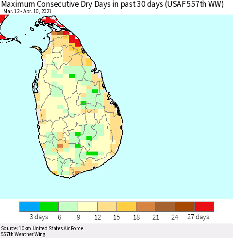 Sri Lanka Maximum Consecutive Dry Days in past 30 days (USAF 557th WW) 04/10/2021 Thematic Map For 4/6/2021 - 4/10/2021