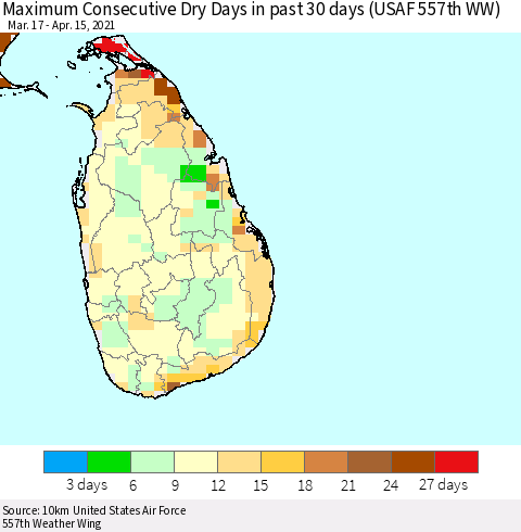Sri Lanka Maximum Consecutive Dry Days in past 30 days (USAF 557th WW) 04/15/2021 Thematic Map For 4/11/2021 - 4/15/2021