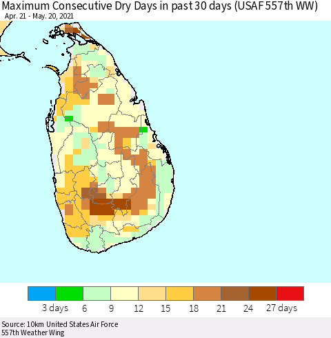 Sri Lanka Maximum Consecutive Dry Days in past 30 days (USAF 557th WW) 05/20/2021 Thematic Map For 5/16/2021 - 5/20/2021