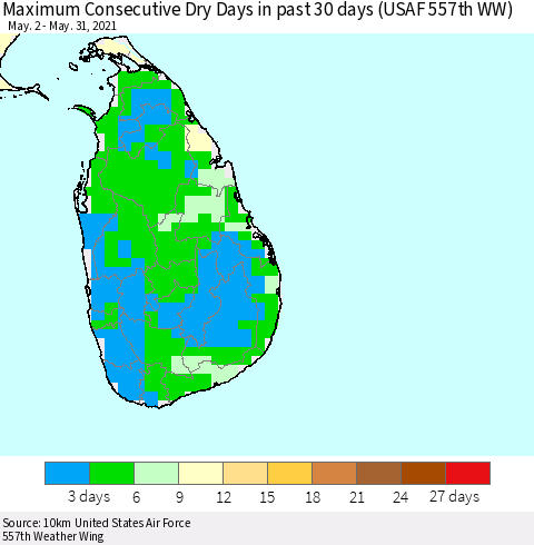 Sri Lanka Maximum Consecutive Dry Days in past 30 days (USAF 557th WW) 05/31/2021 Thematic Map For 5/26/2021 - 5/31/2021