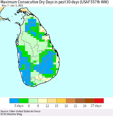 Sri Lanka Maximum Consecutive Dry Days in past 30 days (USAF 557th WW) 06/05/2021 Thematic Map For 6/1/2021 - 6/5/2021
