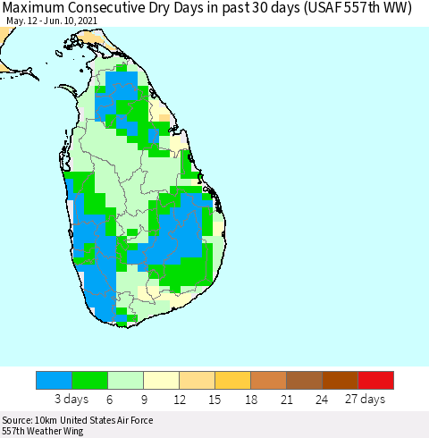 Sri Lanka Maximum Consecutive Dry Days in past 30 days (USAF 557th WW) 06/10/2021 Thematic Map For 6/6/2021 - 6/10/2021