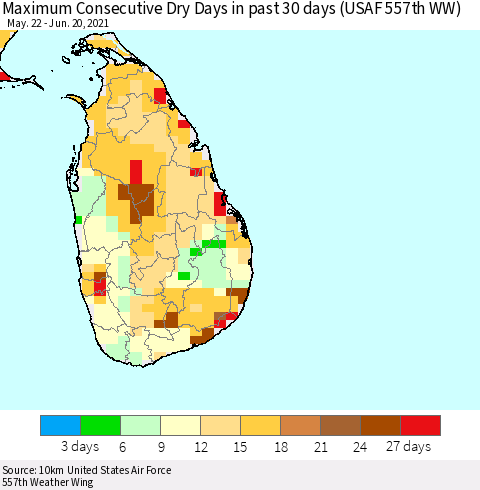 Sri Lanka Maximum Consecutive Dry Days in past 30 days (USAF 557th WW) 06/20/2021 Thematic Map For 6/16/2021 - 6/20/2021