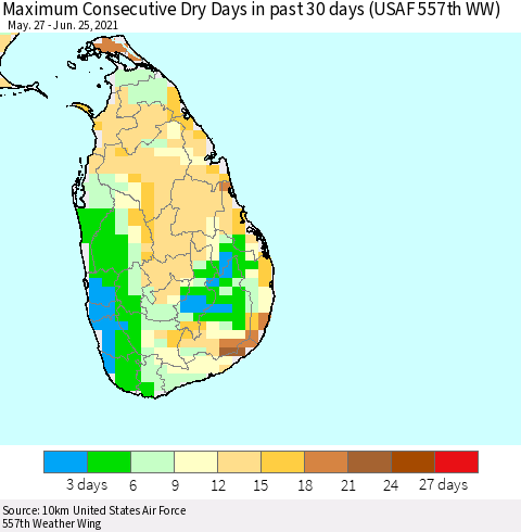 Sri Lanka Maximum Consecutive Dry Days in past 30 days (USAF 557th WW) 06/25/2021 Thematic Map For 6/21/2021 - 6/25/2021