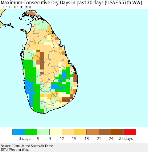 Sri Lanka Maximum Consecutive Dry Days in past 30 days (USAF 557th WW) 06/30/2021 Thematic Map For 6/26/2021 - 6/30/2021