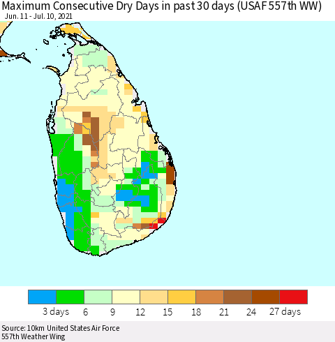 Sri Lanka Maximum Consecutive Dry Days in past 30 days (USAF 557th WW) 07/10/2021 Thematic Map For 7/6/2021 - 7/10/2021