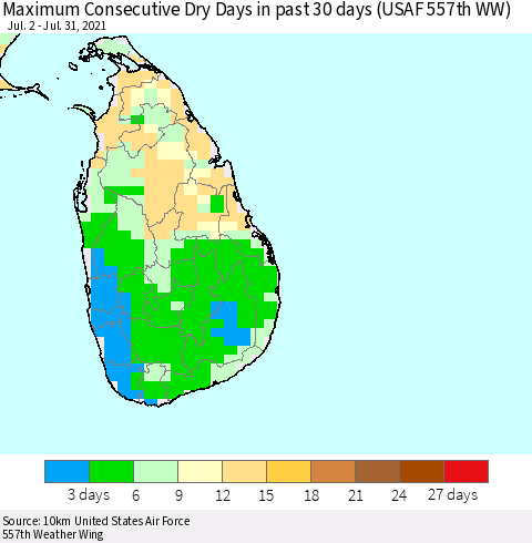 Sri Lanka Maximum Consecutive Dry Days in past 30 days (USAF 557th WW) 07/31/2021 Thematic Map For 7/26/2021 - 7/31/2021