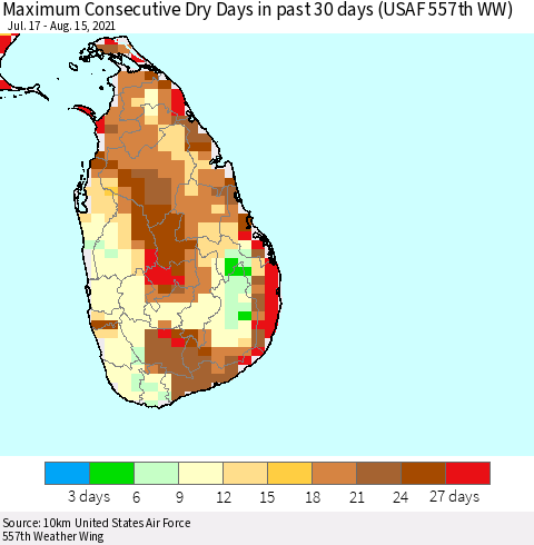Sri Lanka Maximum Consecutive Dry Days in past 30 days (USAF 557th WW) 08/15/2021 Thematic Map For 8/11/2021 - 8/15/2021