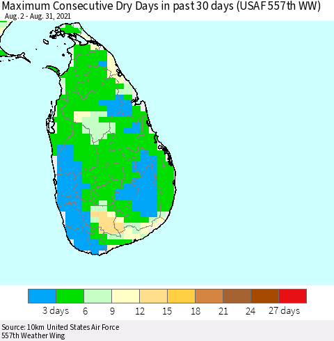 Sri Lanka Maximum Consecutive Dry Days in past 30 days (USAF 557th WW) 08/31/2021 Thematic Map For 8/26/2021 - 8/31/2021
