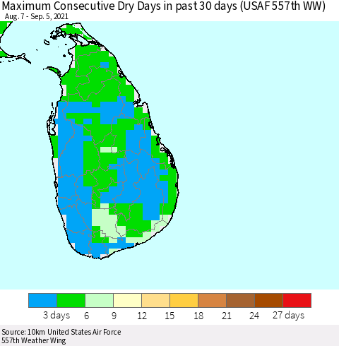 Sri Lanka Maximum Consecutive Dry Days in past 30 days (USAF 557th WW) 09/05/2021 Thematic Map For 9/1/2021 - 9/5/2021