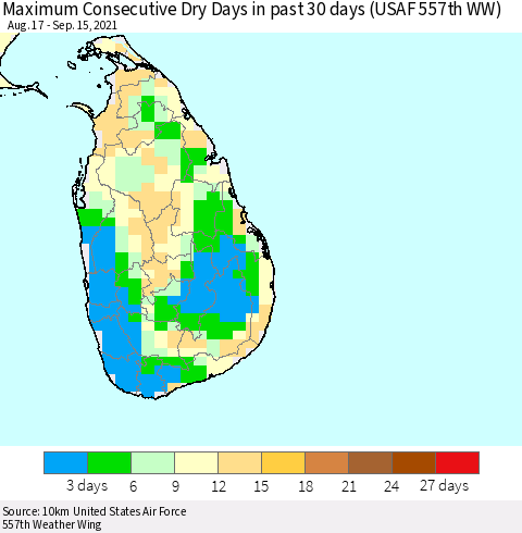 Sri Lanka Maximum Consecutive Dry Days in past 30 days (USAF 557th WW) 09/15/2021 Thematic Map For 9/11/2021 - 9/15/2021