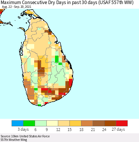 Sri Lanka Maximum Consecutive Dry Days in past 30 days (USAF 557th WW) 09/20/2021 Thematic Map For 9/16/2021 - 9/20/2021