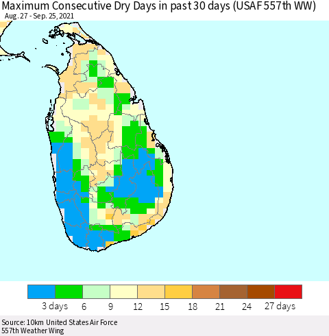 Sri Lanka Maximum Consecutive Dry Days in past 30 days (USAF 557th WW) 09/25/2021 Thematic Map For 9/21/2021 - 9/25/2021