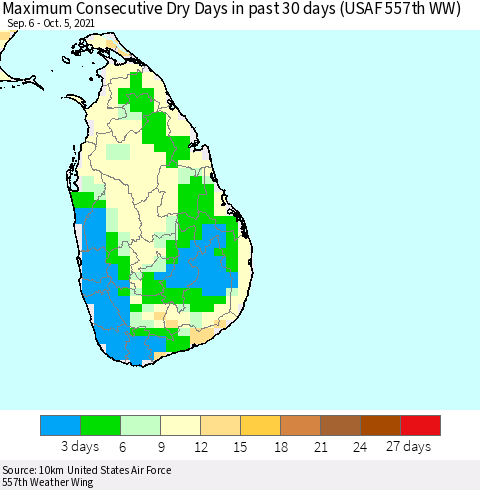 Sri Lanka Maximum Consecutive Dry Days in past 30 days (USAF 557th WW) 10/05/2021 Thematic Map For 10/1/2021 - 10/5/2021