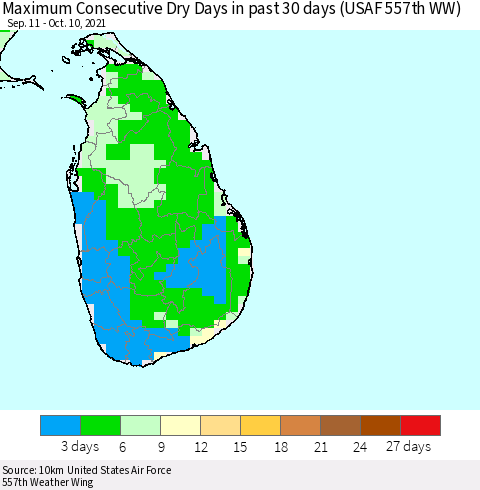 Sri Lanka Maximum Consecutive Dry Days in past 30 days (USAF 557th WW) 10/10/2021 Thematic Map For 10/6/2021 - 10/10/2021
