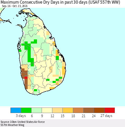 Sri Lanka Maximum Consecutive Dry Days in past 30 days (USAF 557th WW) 10/15/2021 Thematic Map For 10/11/2021 - 10/15/2021