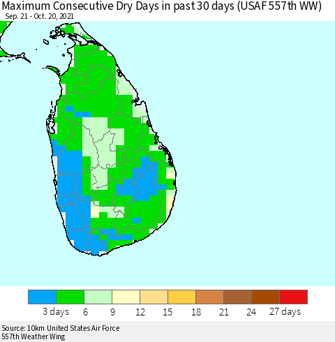 Sri Lanka Maximum Consecutive Dry Days in past 30 days (USAF 557th WW) 10/20/2021 Thematic Map For 10/16/2021 - 10/20/2021