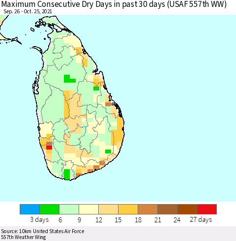 Sri Lanka Maximum Consecutive Dry Days in past 30 days (USAF 557th WW) 10/25/2021 Thematic Map For 10/21/2021 - 10/25/2021