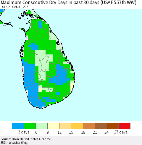 Sri Lanka Maximum Consecutive Dry Days in past 30 days (USAF 557th WW) 10/31/2021 Thematic Map For 10/26/2021 - 10/31/2021
