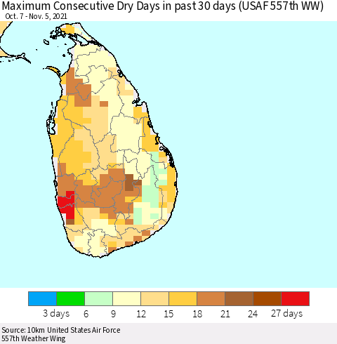 Sri Lanka Maximum Consecutive Dry Days in past 30 days (USAF 557th WW) 11/05/2021 Thematic Map For 11/1/2021 - 11/5/2021