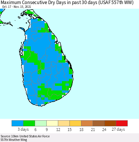 Sri Lanka Maximum Consecutive Dry Days in past 30 days (USAF 557th WW) 11/15/2021 Thematic Map For 11/11/2021 - 11/15/2021