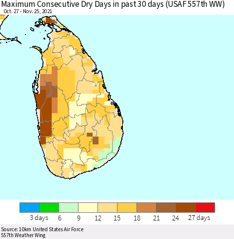 Sri Lanka Maximum Consecutive Dry Days in past 30 days (USAF 557th WW) 11/25/2021 Thematic Map For 11/21/2021 - 11/25/2021
