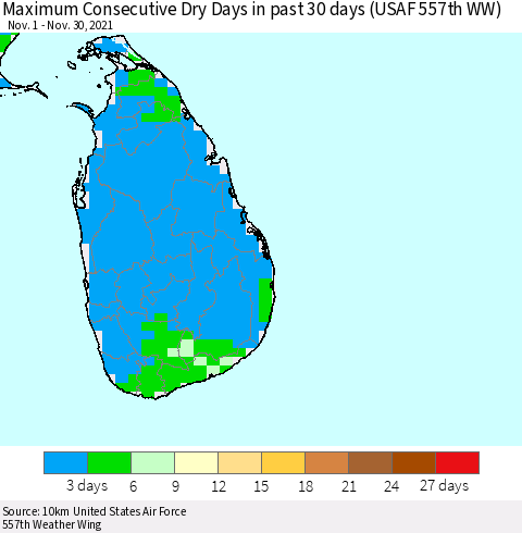 Sri Lanka Maximum Consecutive Dry Days in past 30 days (USAF 557th WW) 11/30/2021 Thematic Map For 11/26/2021 - 11/30/2021