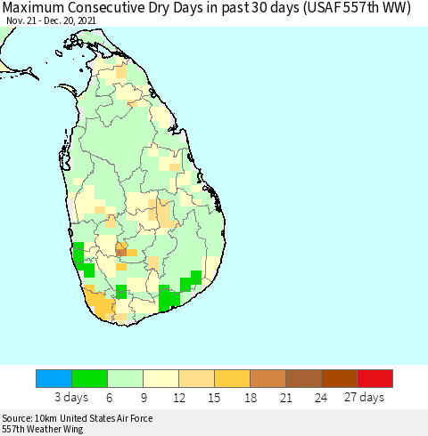 Sri Lanka Maximum Consecutive Dry Days in past 30 days (USAF 557th WW) 12/20/2021 Thematic Map For 12/16/2021 - 12/20/2021