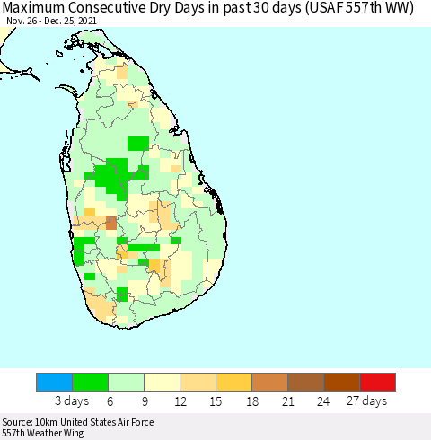 Sri Lanka Maximum Consecutive Dry Days in past 30 days (USAF 557th WW) 12/25/2021 Thematic Map For 12/21/2021 - 12/25/2021