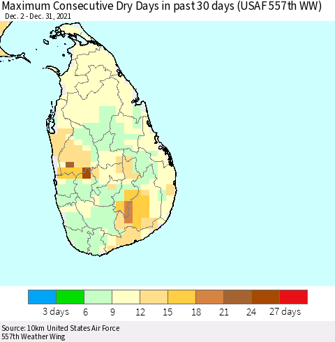 Sri Lanka Maximum Consecutive Dry Days in past 30 days (USAF 557th WW) 12/31/2021 Thematic Map For 12/26/2021 - 12/31/2021