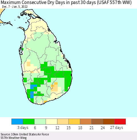 Sri Lanka Maximum Consecutive Dry Days in past 30 days (USAF 557th WW) 01/05/2022 Thematic Map For 1/1/2022 - 1/5/2022