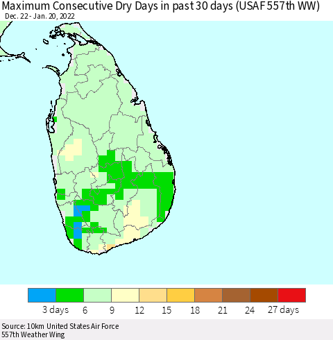 Sri Lanka Maximum Consecutive Dry Days in past 30 days (USAF 557th WW) 01/20/2022 Thematic Map For 1/16/2022 - 1/20/2022