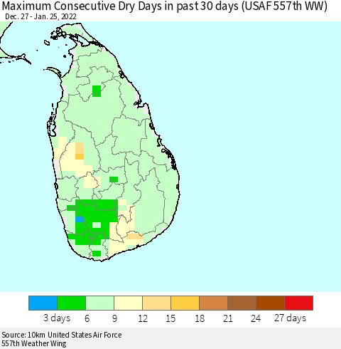 Sri Lanka Maximum Consecutive Dry Days in past 30 days (USAF 557th WW) 01/25/2022 Thematic Map For 1/21/2022 - 1/25/2022