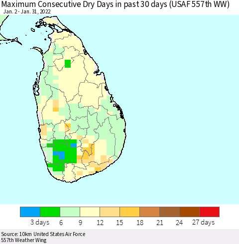 Sri Lanka Maximum Consecutive Dry Days in past 30 days (USAF 557th WW) 01/31/2022 Thematic Map For 1/26/2022 - 1/31/2022