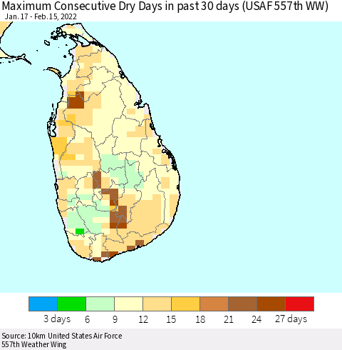 Sri Lanka Maximum Consecutive Dry Days in past 30 days (USAF 557th WW) 02/15/2022 Thematic Map For 2/11/2022 - 2/15/2022