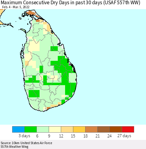 Sri Lanka Maximum Consecutive Dry Days in past 30 days (USAF 557th WW) 03/05/2022 Thematic Map For 3/1/2022 - 3/5/2022
