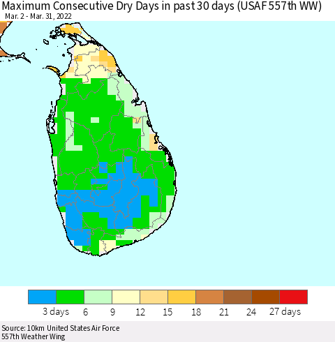 Sri Lanka Maximum Consecutive Dry Days in past 30 days (USAF 557th WW) 03/31/2022 Thematic Map For 3/26/2022 - 3/31/2022