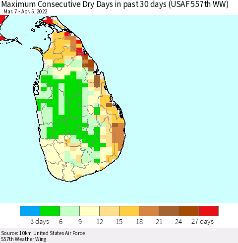 Sri Lanka Maximum Consecutive Dry Days in past 30 days (USAF 557th WW) 04/05/2022 Thematic Map For 4/1/2022 - 4/5/2022