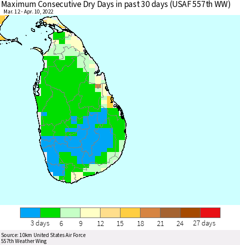Sri Lanka Maximum Consecutive Dry Days in past 30 days (USAF 557th WW) 04/10/2022 Thematic Map For 4/6/2022 - 4/10/2022
