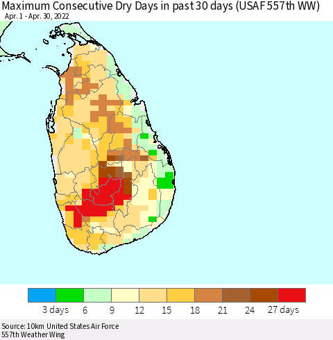 Sri Lanka Maximum Consecutive Dry Days in past 30 days (USAF 557th WW) 04/30/2022 Thematic Map For 4/26/2022 - 4/30/2022