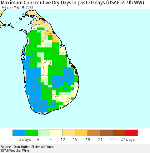 Sri Lanka Maximum Consecutive Dry Days in past 30 days (USAF 557th WW) 05/31/2022 Thematic Map For 5/26/2022 - 5/31/2022