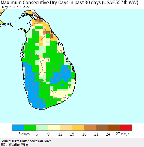 Sri Lanka Maximum Consecutive Dry Days in past 30 days (USAF 557th WW) 06/05/2022 Thematic Map For 6/1/2022 - 6/5/2022