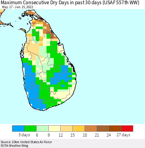 Sri Lanka Maximum Consecutive Dry Days in past 30 days (USAF 557th WW) 06/15/2022 Thematic Map For 6/11/2022 - 6/15/2022